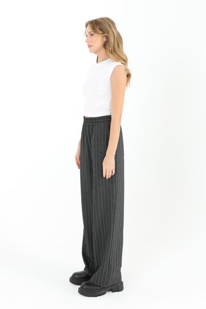 Puane Women's Elastic Waist Striped Trousers - 18204Pnt - Anthracite