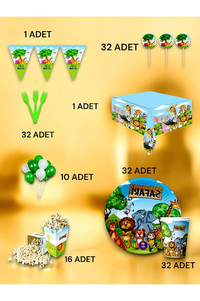 VibeHome Safari Themed Luxury Set for 32 - Birthday Party and Fun Events