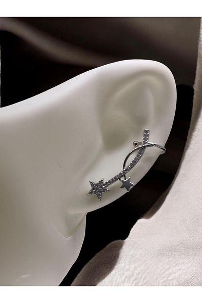 Vola Collection Star Patterned Silver Earcuff Earrings