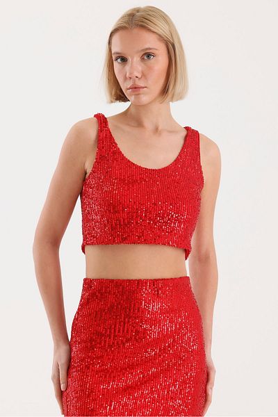 soBasic Bluză crop roșie - cu paiete, elastică și căptușită, decolteu în U, curea groasă - mărime L