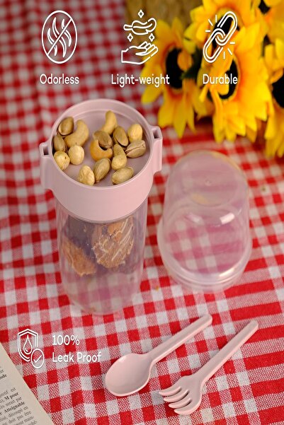 MasterCar Hobbit Pudra Pembe 650 ml Kaşık Ve Çatallı Yemek Taşıma Ve Saklama Kabı Yoğurt Müsli Kabı