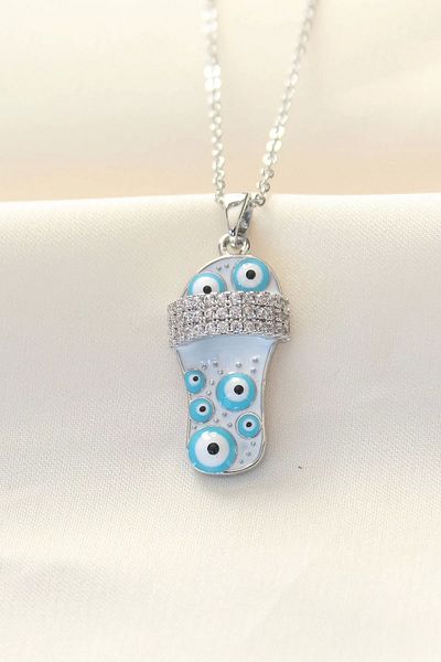 Clariss 316L Chain Steel Zircon Stone Silver Color Evil Eye Beaded Slippers Necklace