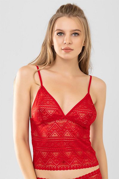 BAYKAR Thin Thread Strap Deep V-Neck Lace Bralette Red