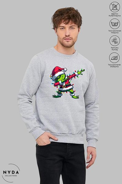 Nyda Collections Unisex μακρυμάνικο Grinch Πρωτοχρονιάτικο Φούτερ με στάμπα με λαιμόκοψη χωρίς κουκούλα