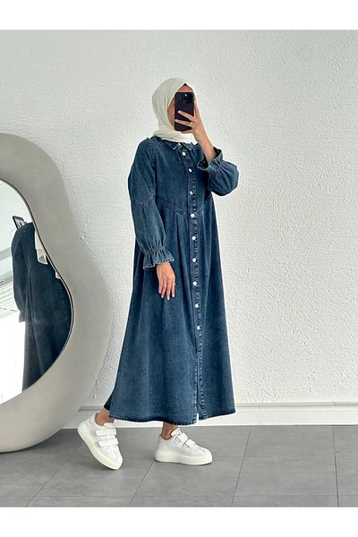 OlaLady Palton de damă, cu nasturi în față, cu pliuri, cu detaliu Hijab, din denim