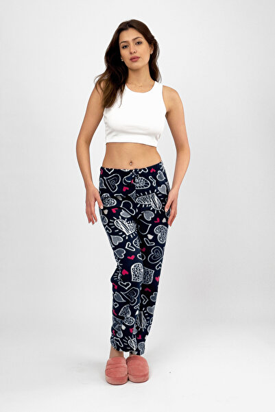 Betimoda Pantaloni de pijama cu lână alb Big Heart pentru femei, iarnă, cu talie elastică, un singur fund