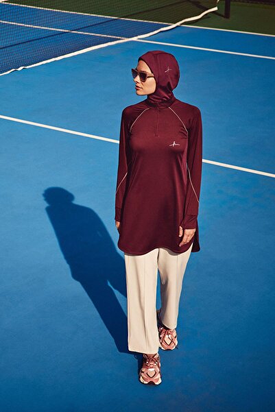 Haşema Purple Hijab Training T-shirt - H-per Piping, Long Sleeve, Zip Collar, Act-18