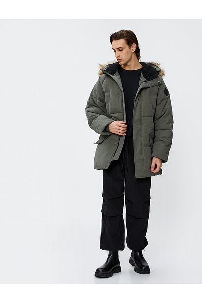 Koton Puffer Jacket Hooded Faux Fur Detail Zippered Pocket