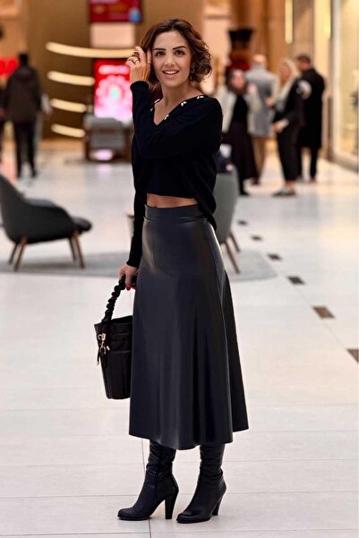 Nevin Kaya Moda Чорна шкіряна спідниця