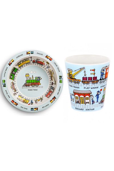 Tyrrell Katz Melamine Feeding Bowl and Drinking Cup // Trains