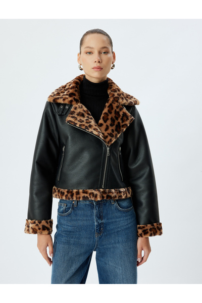 Koton Μπουφάν Biker με φερμουάρ από ψεύτικο λεοπάρ γιακά