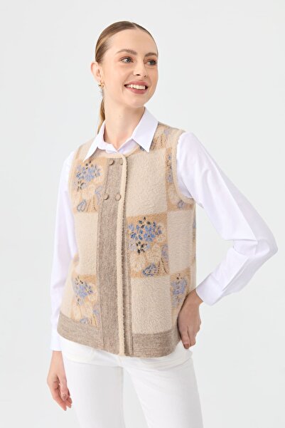 Desen Triko Women's Beige Wool Vest - Null Neck, Patchwork Felt Back Short