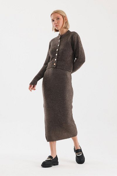 soBasic Set de tricotaje cu decolteu - Boucle, Fusta și Cardigan - STD - Maro