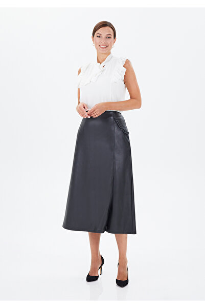 Guzella Kadın Suni Deri Zincir Detaylı Yüksek Bel Midi Etek