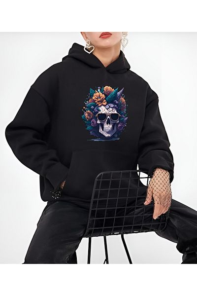 belean Women's Floral Skull Printed 3 Thread Compact Combed Cotton Full Winter Sweatshirt
