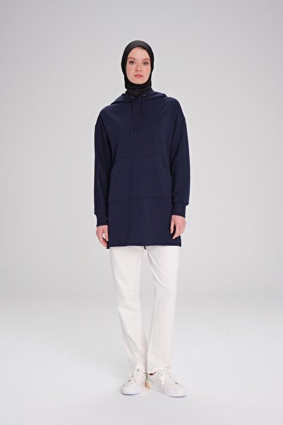 Haşema Yumuşak Dokulu Kapüşonlu Lacivert Basic Günlük Sweatshirt Act-23