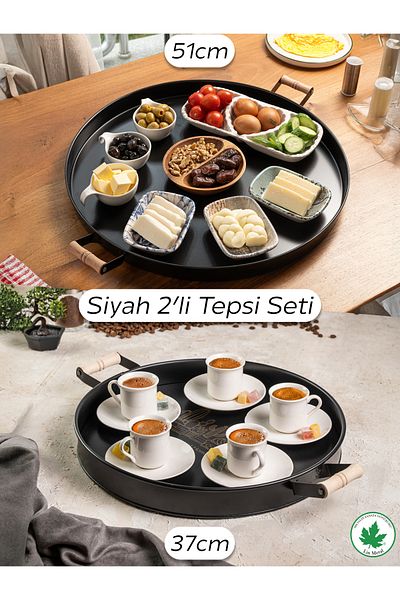 linmetal Set of 2 Wooden Handles 51cm Metal Tray and 37cm Metal Tray Tea Coffee Presentation Tray