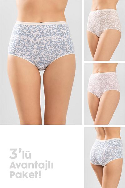 BAYKAR High Waist Cotton Bato Panties - Shawl Pattern, Pink, Pack of 3