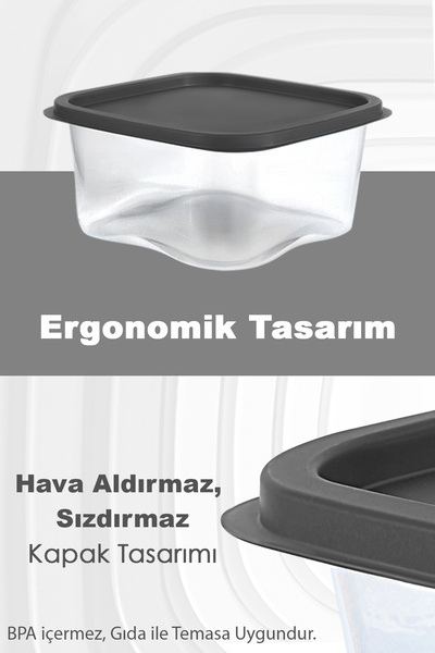 Meleni Home 12Pcs Square Food Preservation Container - 1800ml Anthracite, Microwave Deep Freezer