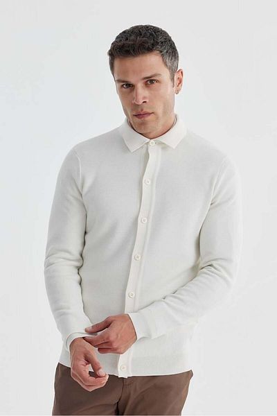 Jakamen Πλεκτό με γιακά πόλο με μάλλινο κουμπί Ecru Slim Fit