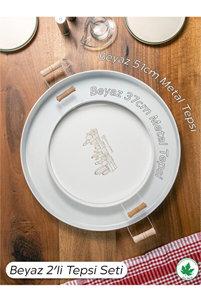 linmetal 2 li Ahşap Kulplu 51 cm Metal Tepsi ve 37 cm Metal Tepsi Çay Kahve S...