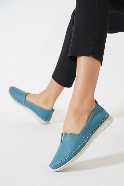 Moda Pie Pantofi de damă Kaner V Mouth din piele naturală - piele albastră denim