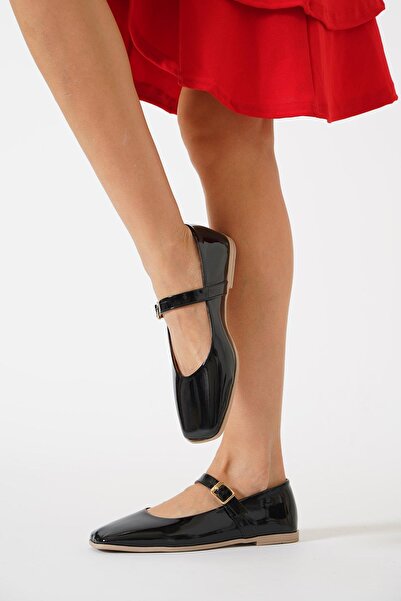 Moda Pie Sebon Küt Burun Atkılı Kadın Hakiki Deri Babet Siyah Rugan