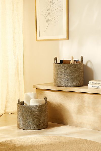 Ocean Home Textile 35x27 Черен гардероб с пъстри вътрешни елементи за пране и играчки - кошница за съхранение от 2 ютени въжета