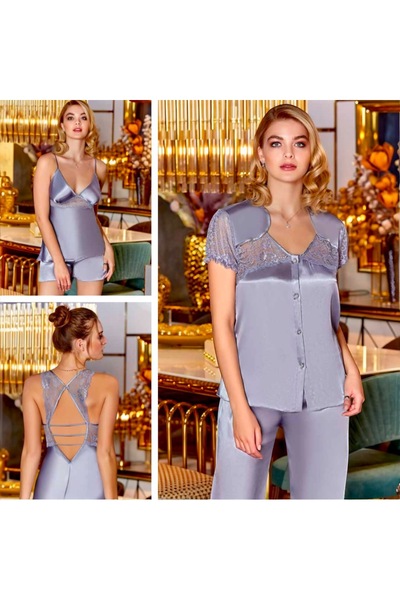 secret night 6 lı gecelik takımı sabahlık gecelik pijama alt üst ve şort ve askılı saten güpür detaylı çeyizlik