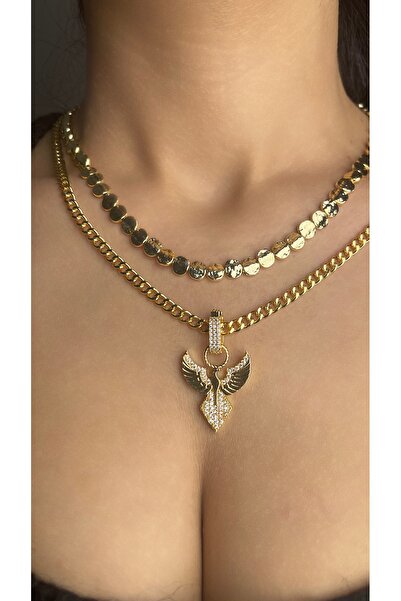 Çelik Melek Kuş 2’li Set Kadın Kolye