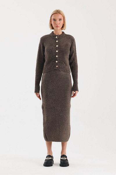 soBasic Set de tricotaje cu decolteu - Boucle, Fusta și Cardigan - STD - Maro