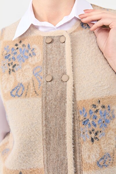 Desen Triko Women's Beige Wool Vest - Null Neck, Patchwork Felt Back Short