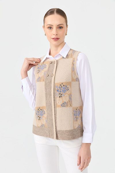Desen Triko Women's Beige Wool Vest - Null Neck, Patchwork Felt Back Short