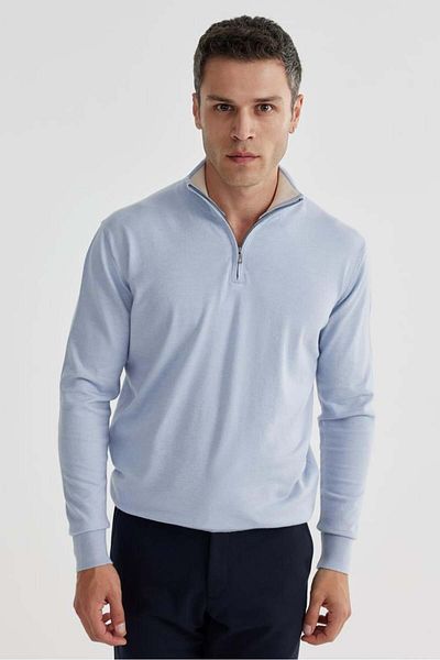 Jakamen Light Blue Slim Fit Zippered Stand Collar Knitwear Sweater