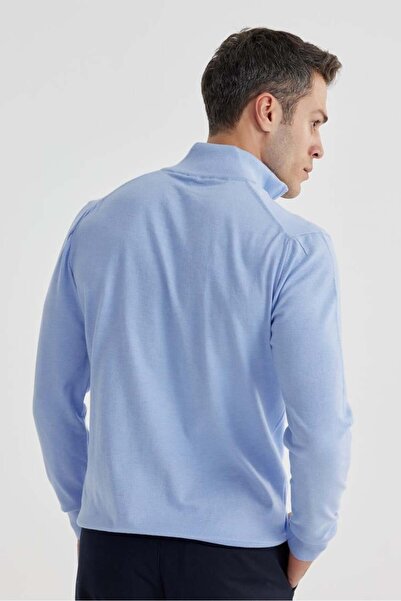 Jakamen Mavi Slim Fit Fermuarlı Dik Yaka Triko Kazak