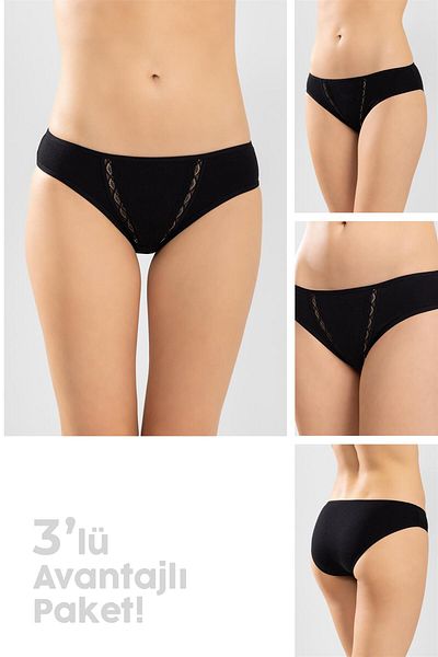 BAYKAR Chiloți de damă din bumbac, brodați în zig-zag, cu tăiere bikini, pachet de 3 negru