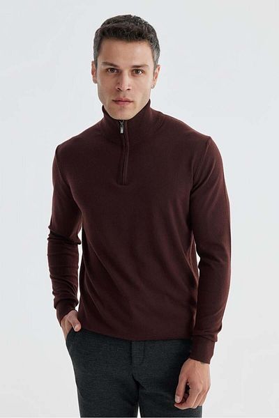 Jakamen Πλεκτό πουλόβερ με φερμουάρ μπορντό Slim Fit