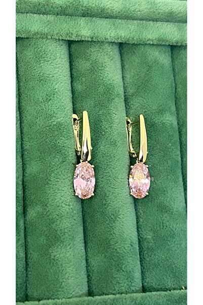 By Semra Xupıng Jewelry Kristal Pembe Zirkon Taşlı Özel Tasarım Gold Çelik Şık Küpe