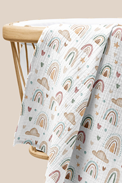 cekic kids 4 Katlı Müslin Örtü - Gökkuşağı Desenli Bebek Müslin Battaniyesi -...