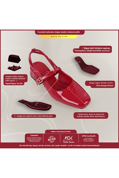 Güllü Shoes Red Short Heeled Patent Leather - Women's Evening Dress Heeled Shoes, Daily and Special Occasion