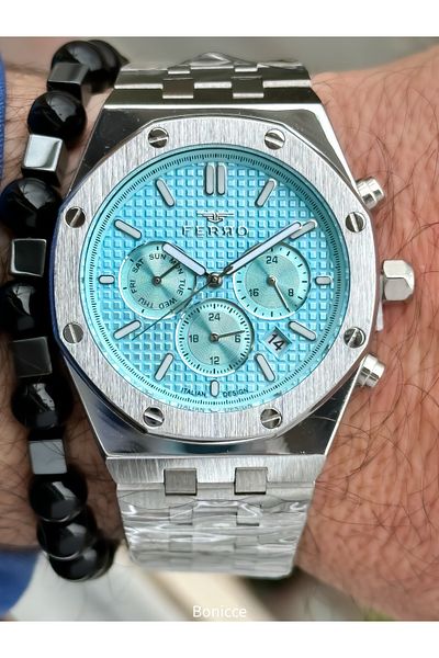 FERRO Brand Functions Active Steel Band,Silver Color,Turquoise Dial Calendar Men's Wrist Watch+Bracelet