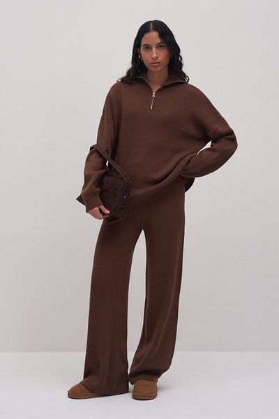 mathilda store Women's Bitter Brown Zipper Detailed Knitwear Set