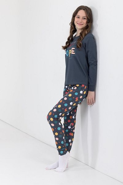 BAYKAR Girls' Crew Neck Printed Cotton Pajamas Set 9239 - Anthracite Long Sleeve Cuffed