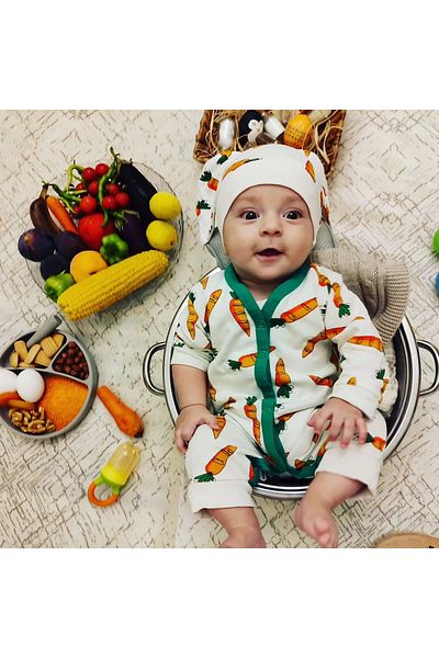 SGDİKEN BUTİK Defnada 3-6-9-12 Months Eared Hat Carrot Printed Long Sleeve Baby Girl and Boy Rompers with Snap Fasteners