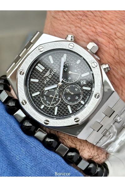 FERRO Brand Functions Active Steel Band,Silver Color,Black Dial Calendar Men's Wrist Watch+Bracelet