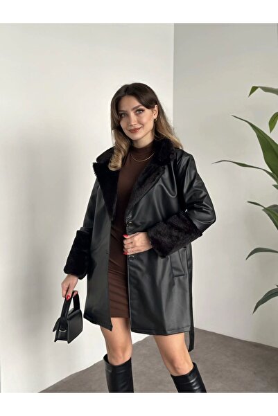VESS MODA Kadın Kolu Ve Yakası Kürklü Ara Boy Siyah Deri Trençkot