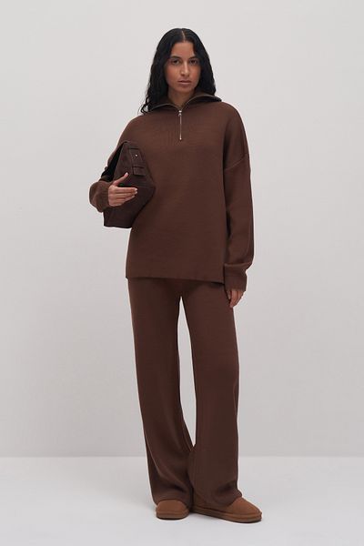 mathilda store Women's Bitter Brown Zipper Detailed Knitwear Set