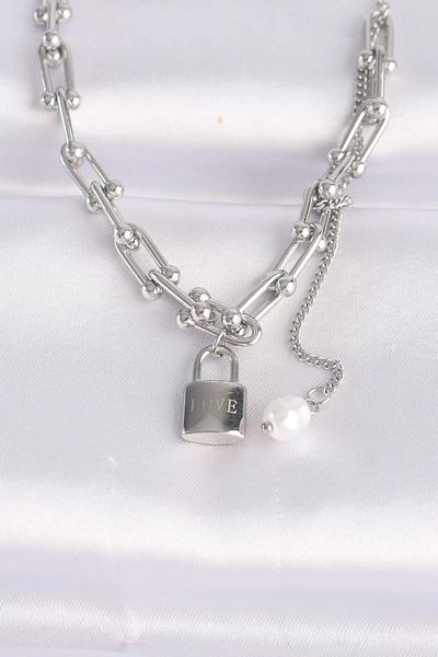 Clariss 316L Steel Chain Silver Color Chain Love Written Lock Necklace