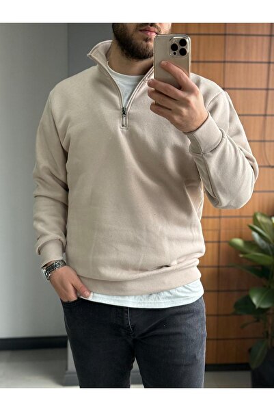 Altamira Μπεζ φούτερ Unisex Oversize - Σταντ γιακά και Μισό Φερμουάρ