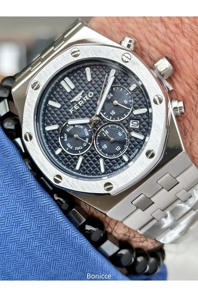 FERRO Brand Functions Active Steel Band,Silver Color,Navy Blue Dial Calendar Men's Wrist Watch+Bracelet